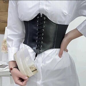 Elastic High Waist Lace-Up Black Gothic Wide Cincher Belt Corset, Faux Leather